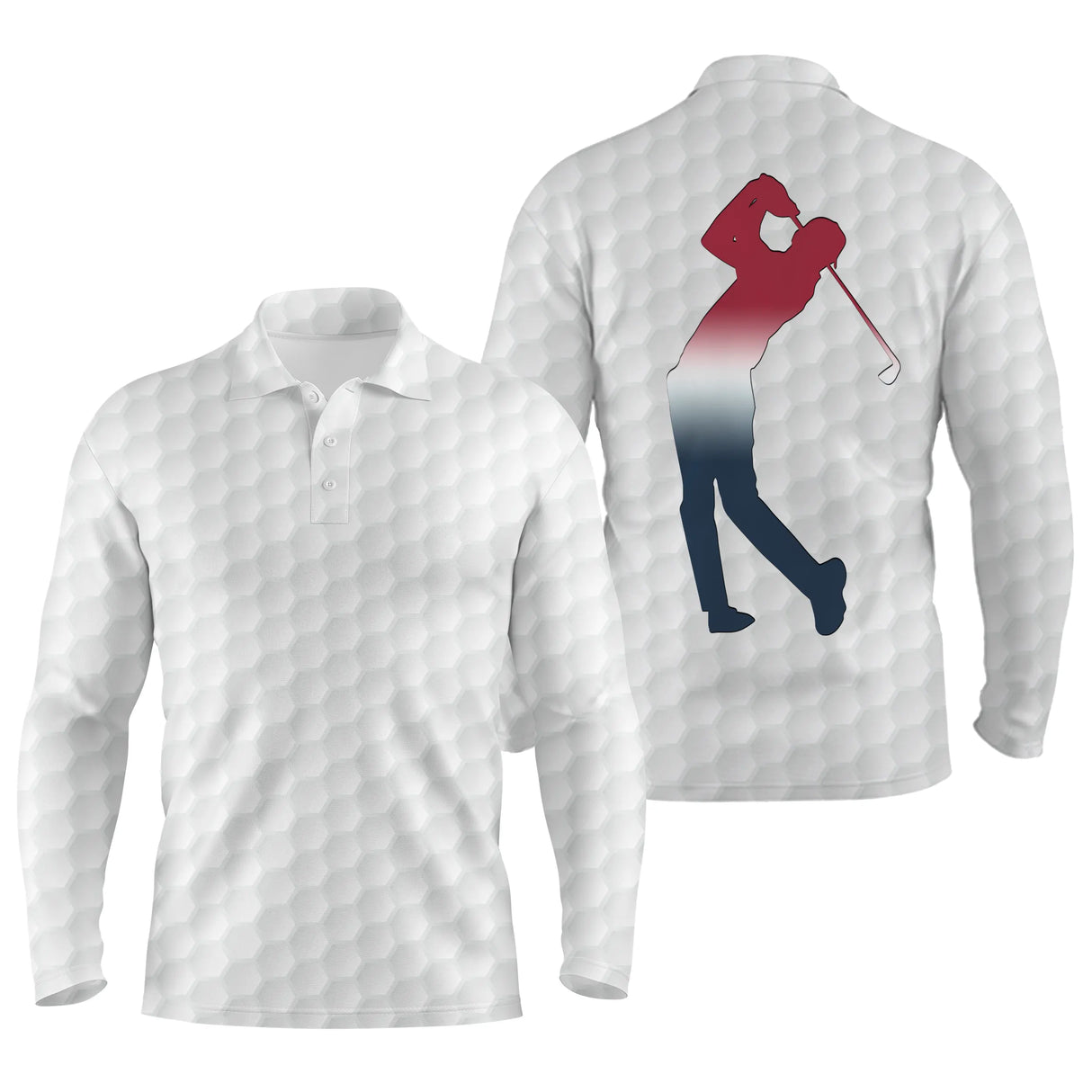 Polo golf vue de dos silhouette golfeur rouge bleu marine sur texture balle alvéolée, vêtement de sport pour golfeur