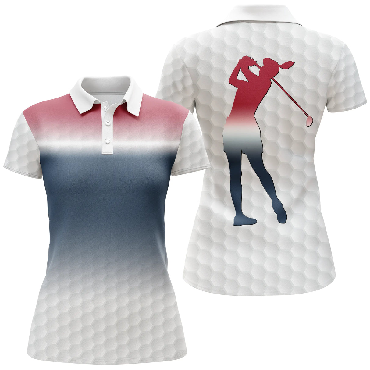 Polo de golf femme dégradé rouge marine blanc silhouette golfeuse coupe ajustée féminine