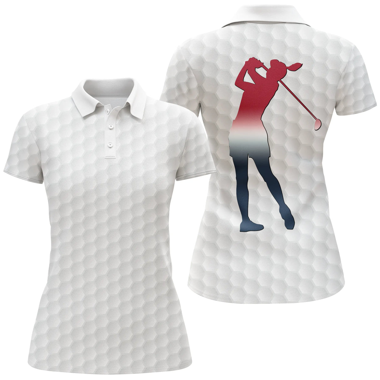 Polo golf vue de face texture balle alvéolée blanche, design épuré sport, coupe homme et femme disponibles