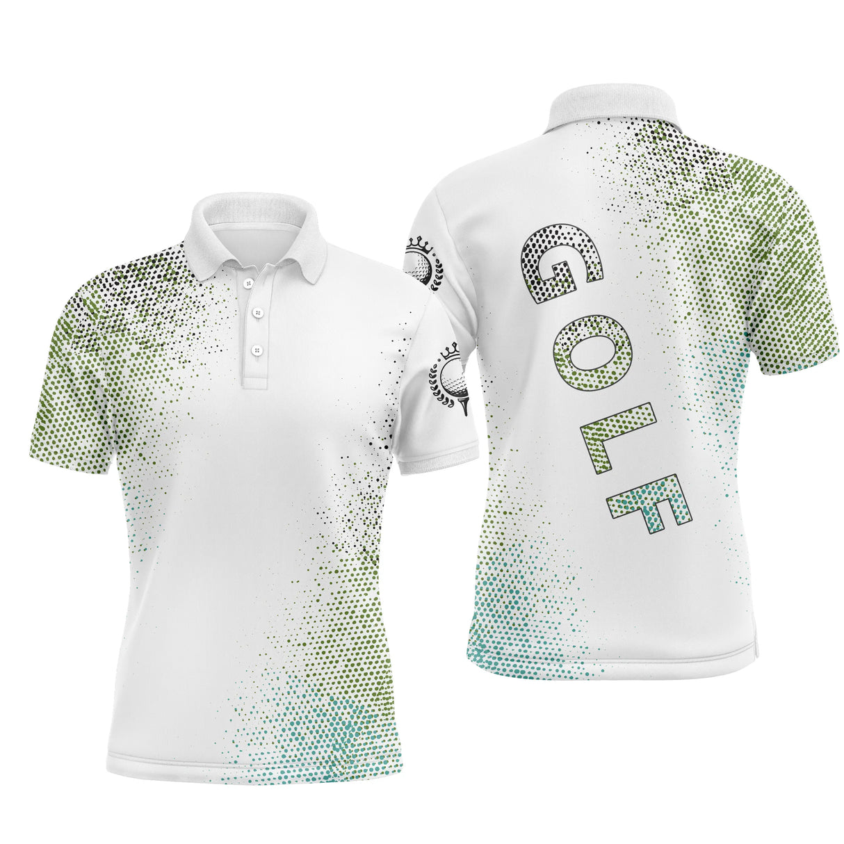 Polo de golf personnalisé homme blanc et vert aquarelle pointilliste avec lettrage GOLF vert sapin