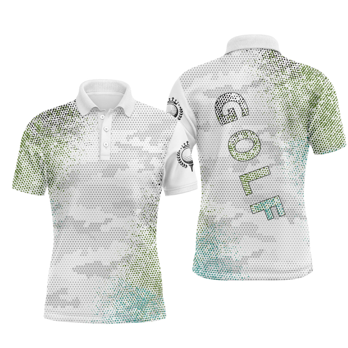 Polo de golf personnalisé homme blanc et vert aquarelle pointilliste avec lettrage GOLF vert sapin
