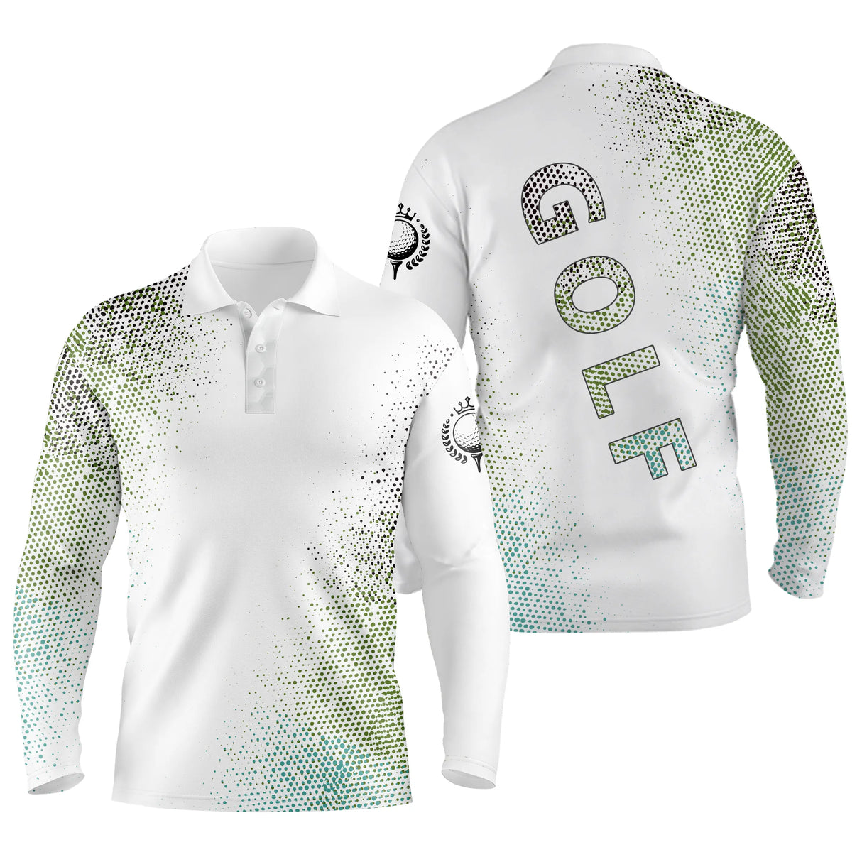 Polo de golf manches longues unisexe blanc et vert aquarelle lettrage GOLF pour parcours frais