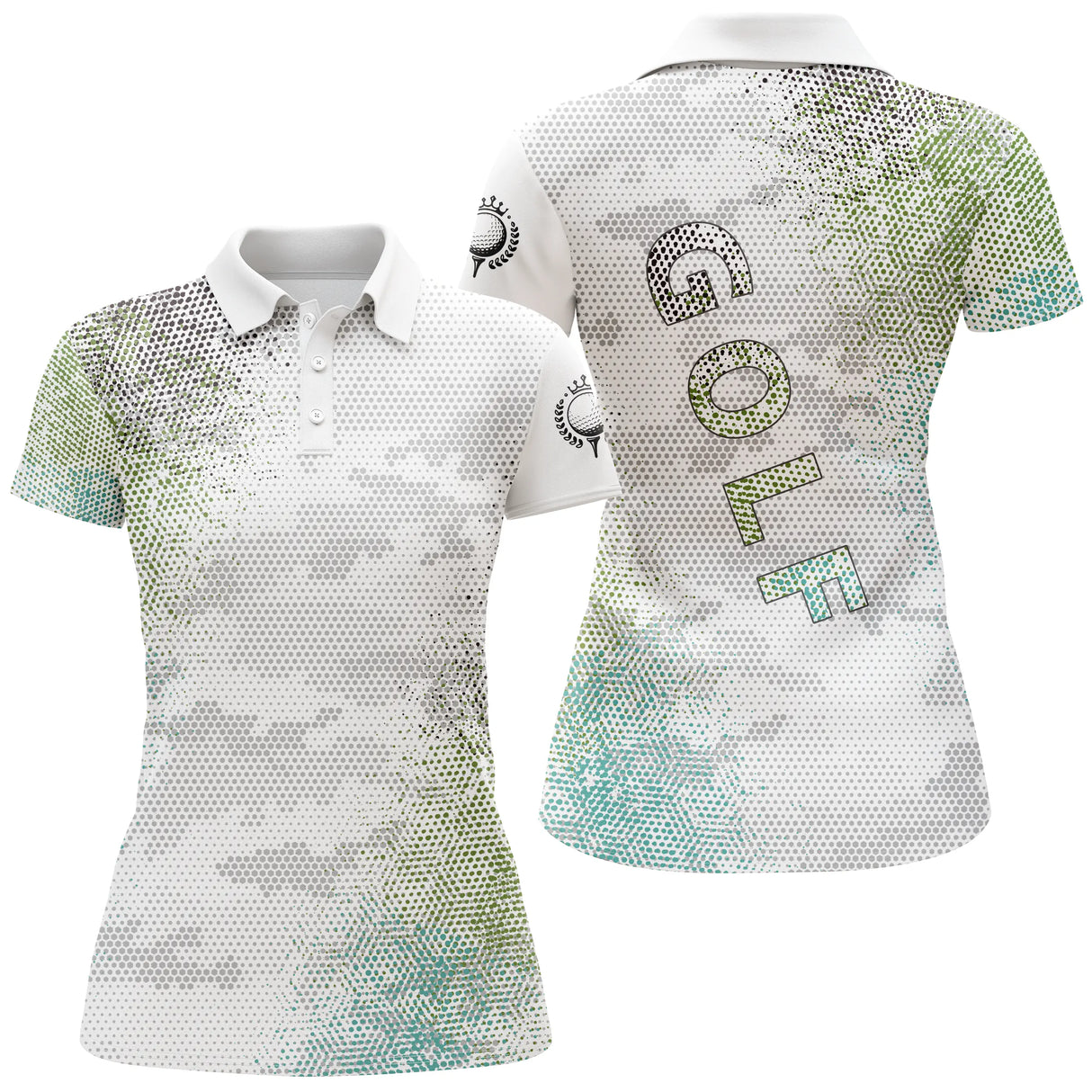 Polo de golf femme blanc et vert aquarelle pointilliste lettrage GOLF coupe ajustée féminine