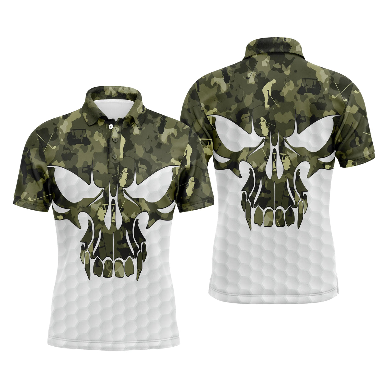 Polo de golf homme camouflage vert forêt avec crâne stylisé et balle de golf en bas