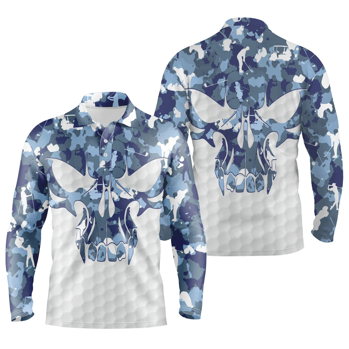 Polo de golf manches longues unisexe camouflage bleu ciel crâne stylisé pour parcours frais