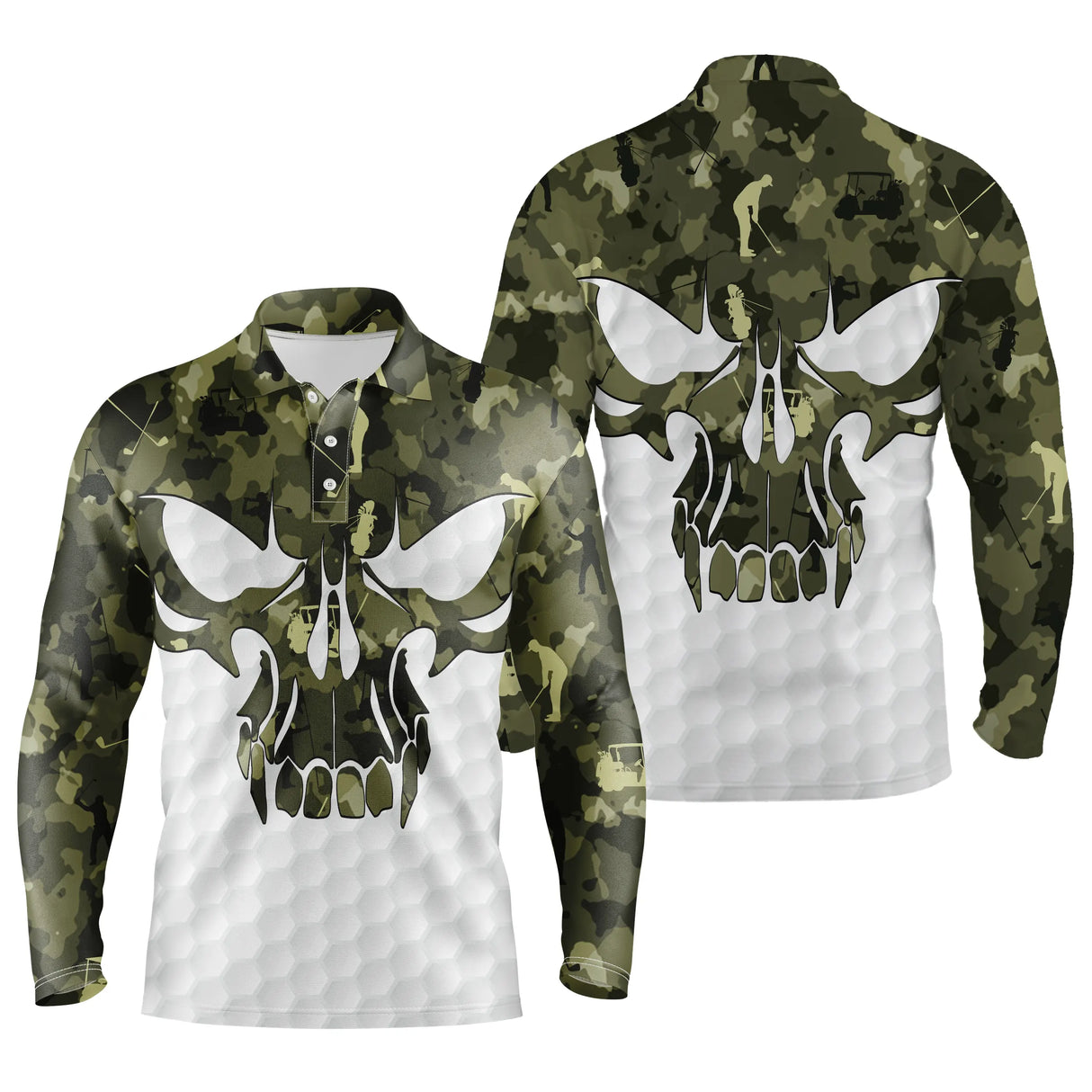 Polo de golf manches longues unisexe camouflage vert forêt crâne stylisé balle de golf hiver