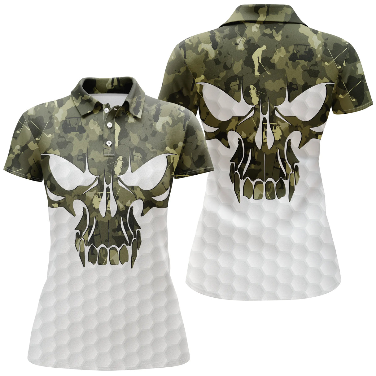 Polo de golf femme camouflage vert forêt avec crâne stylisé coupe cintrée
