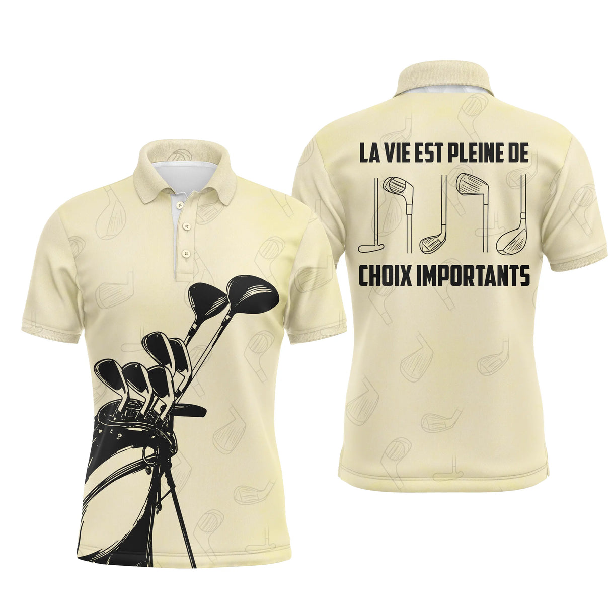 Polo de golf personnalisé homme beige crème vintage avec sac de clubs et lettrage La Vie Est Pleine De Choix