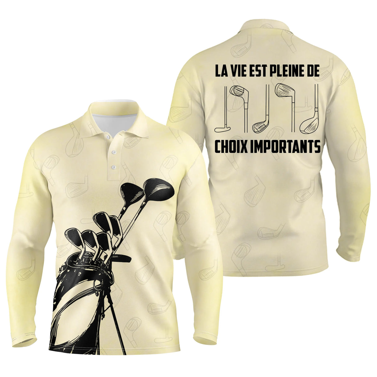 Polo de golf manches longues unisexe beige crème vintage sac de clubs lettrage rétro pour parcours frais