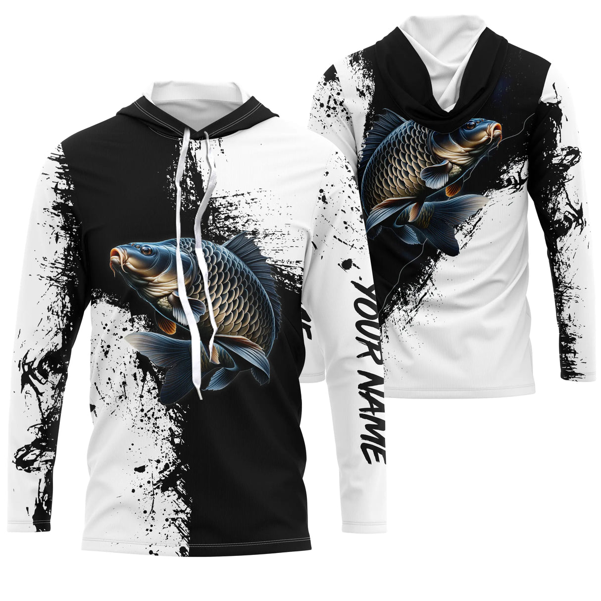 Tee-shirt pêche carpe noir et blanc splatter avec carpe couleur naturelle et prénom intégré au visuel