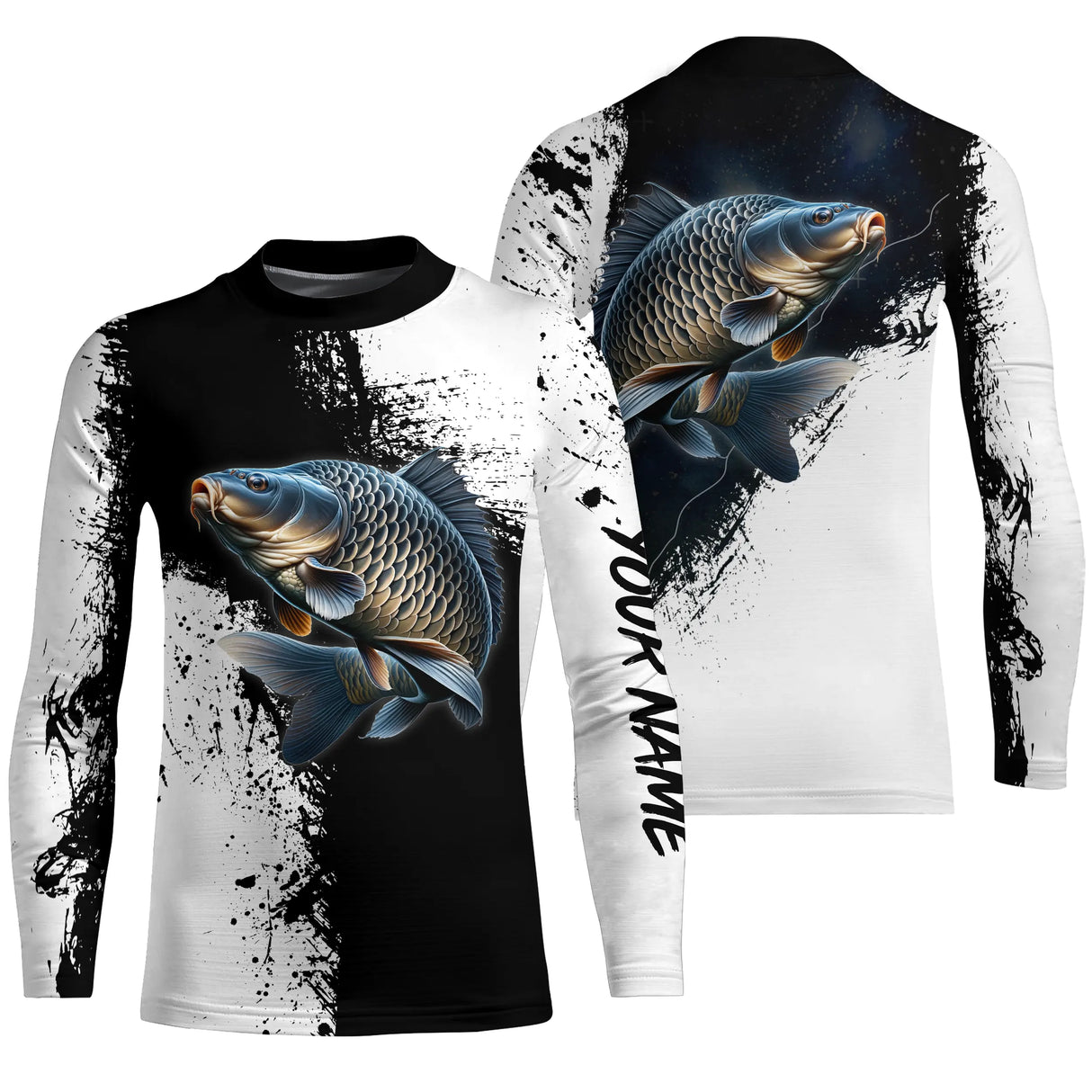 Anti-UV capuche pêche carpe noir blanc avec carpes naturalistes deux moitiés contrastées
