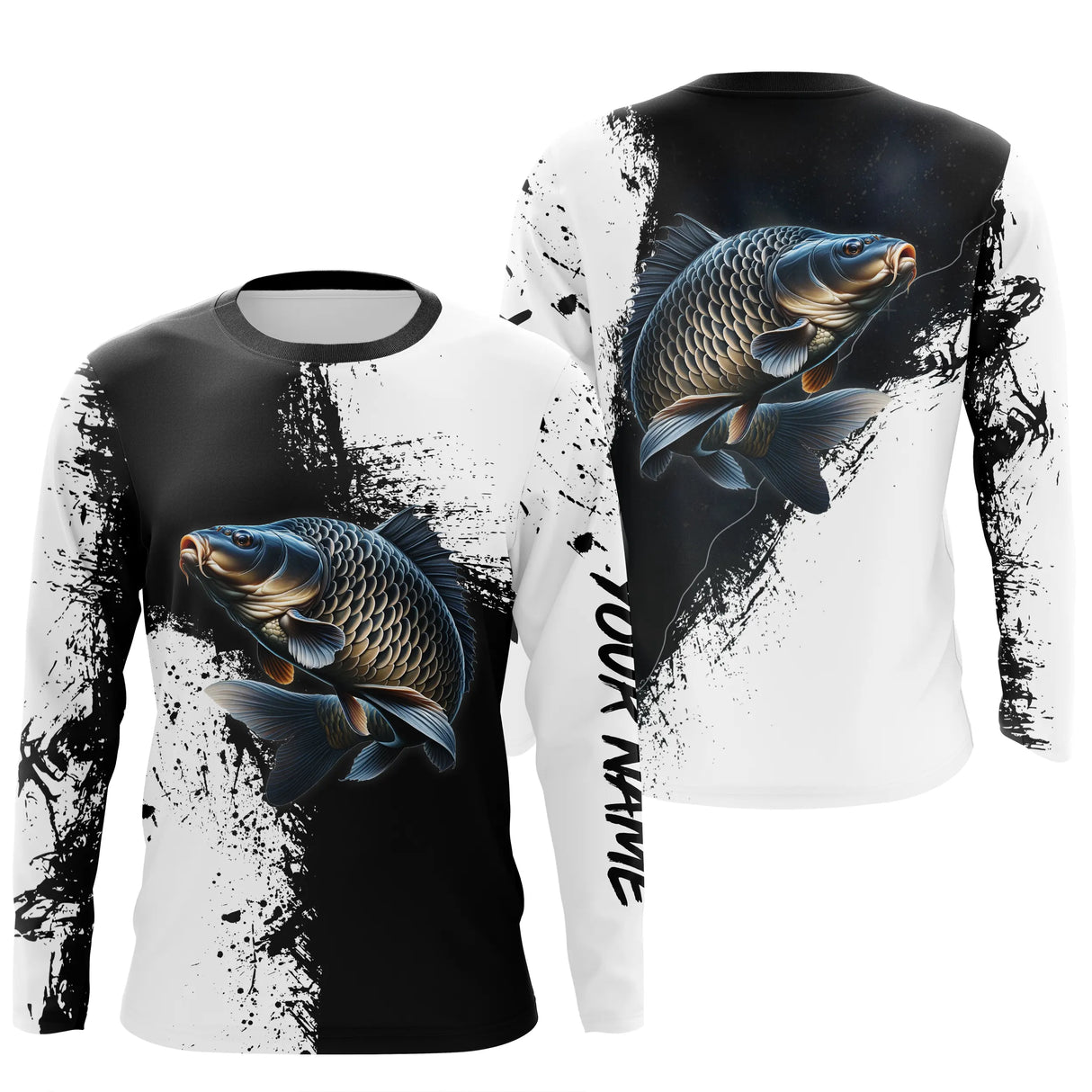 Manches longues pêche carpe noir blanc splatter encre carpe en miroir gauche droite
