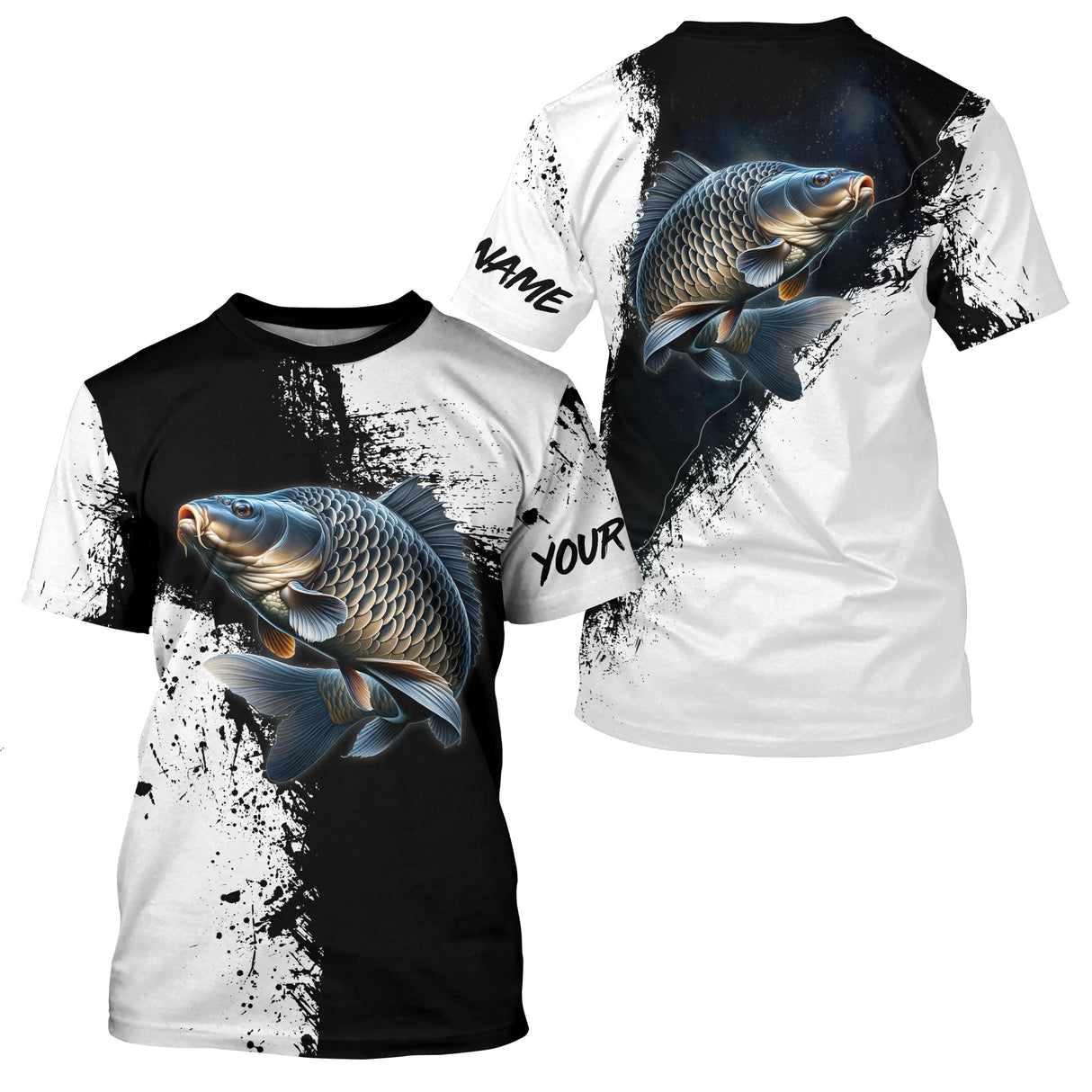 T-shirt col rond pêche carpe noir blanc style street art épuré