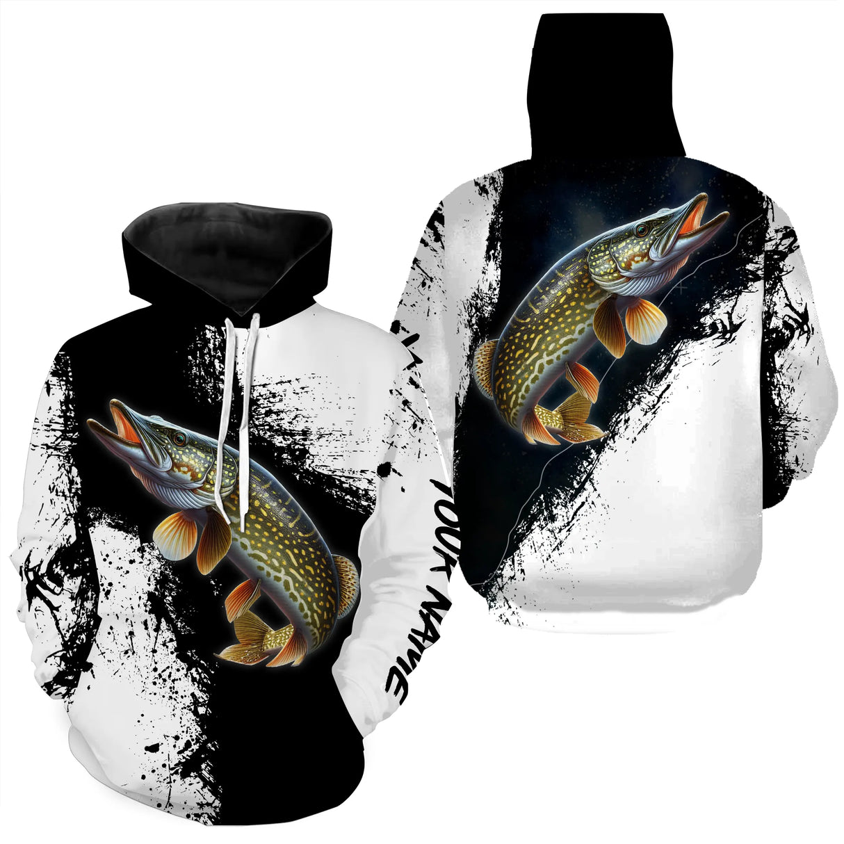 Tee-shirt pêche brochet noir blanc graffiti maîtrisé pour team carnassier