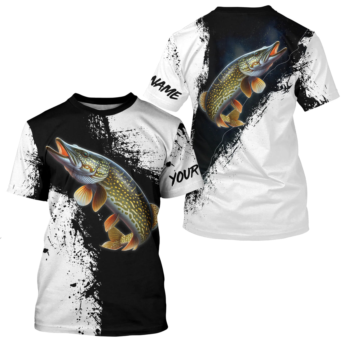 T-shirt col rond pêche brochet noir blanc design double personnalisation