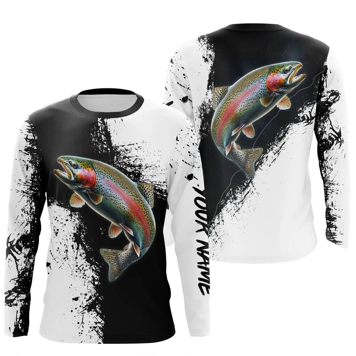 Manches longues pêche truite noir blanc splatter encre truite en miroir gauche droite