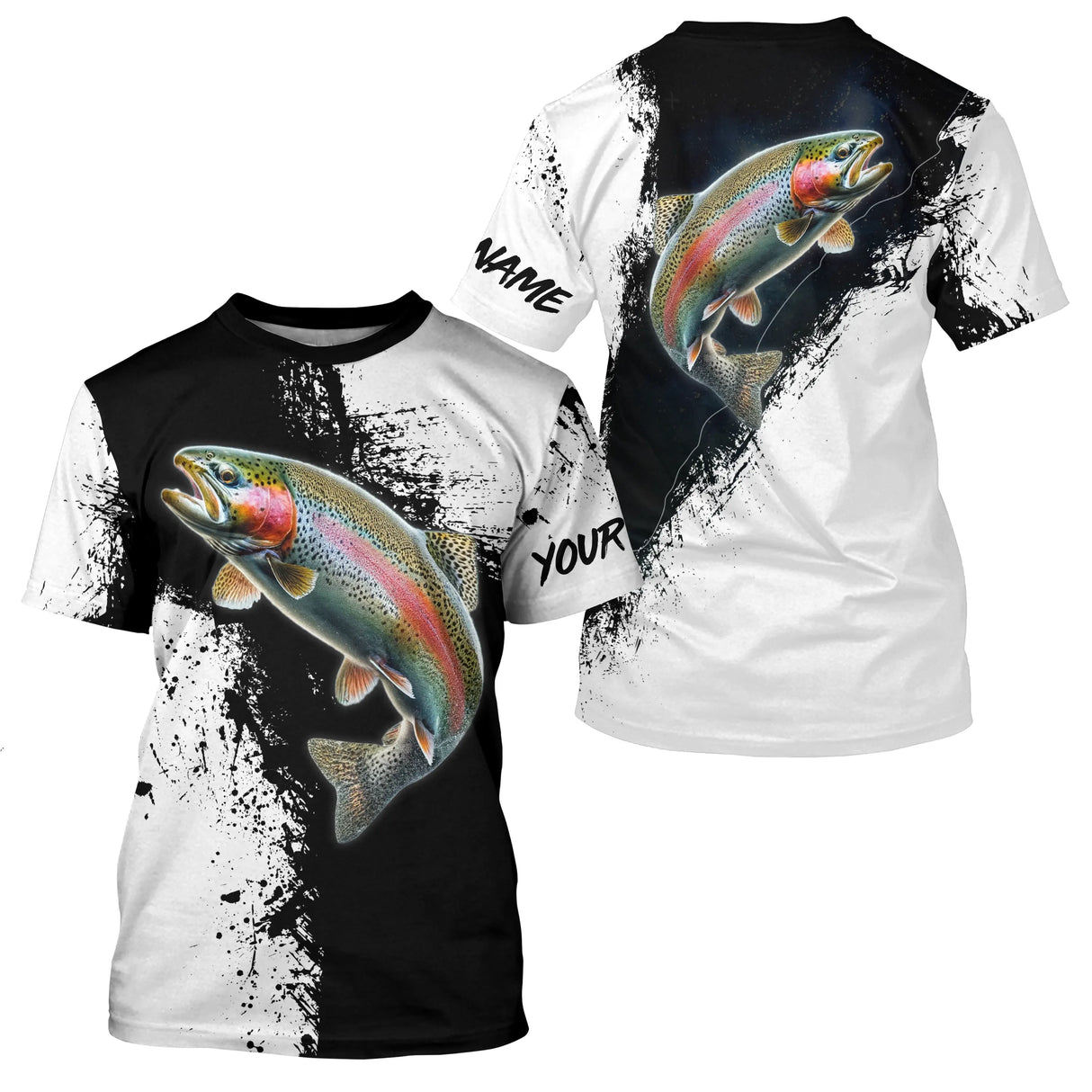 T-shirt col rond pêche truite noir blanc design slow-fashion épuré
