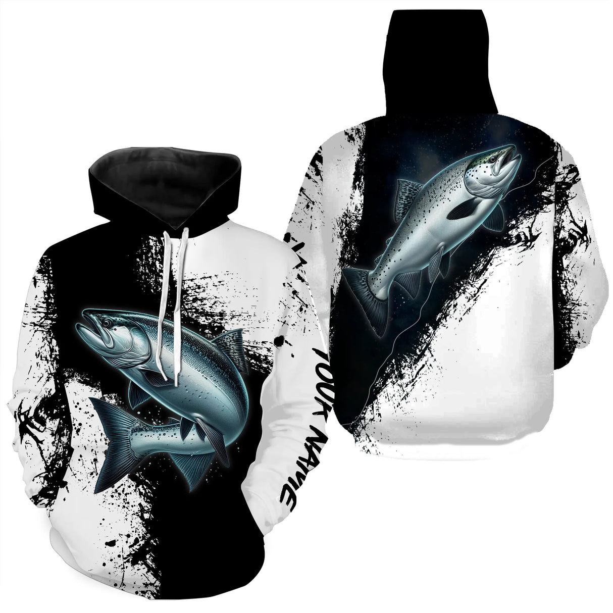 Tee-shirt pêche moucheur saumon noir blanc design pour Allier Sélune Gave