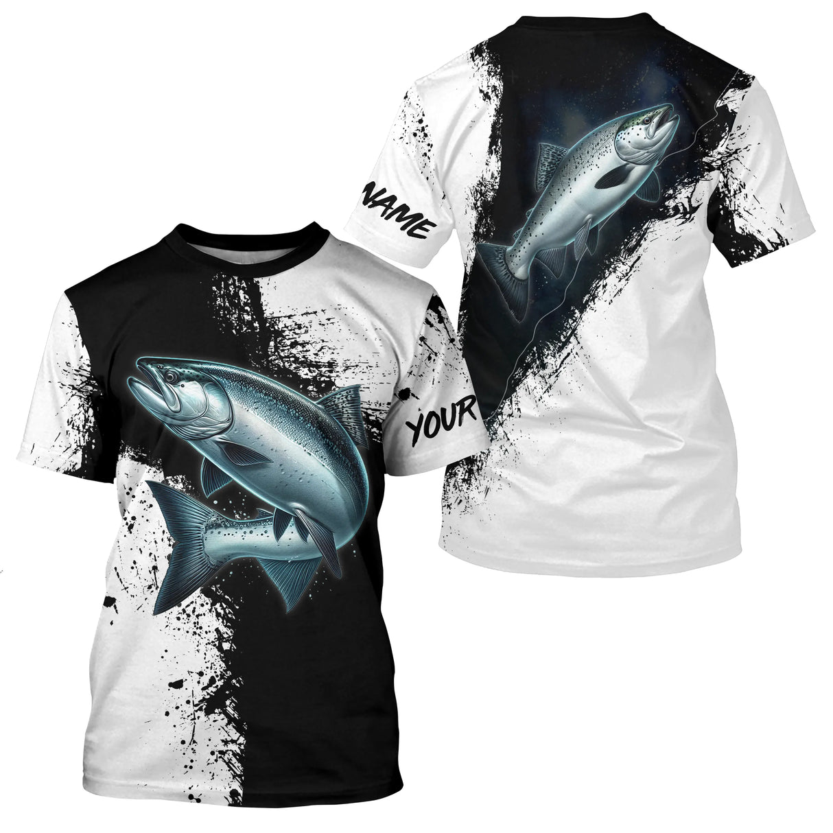 T-shirt col rond pêche saumon noir blanc design tradition mouche