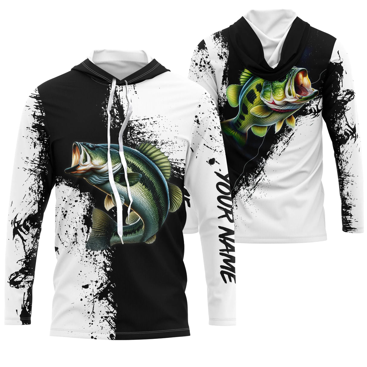 Tee-shirt pêche bar noir et blanc splatter avec bar européen couleur naturelle et prénom intégré