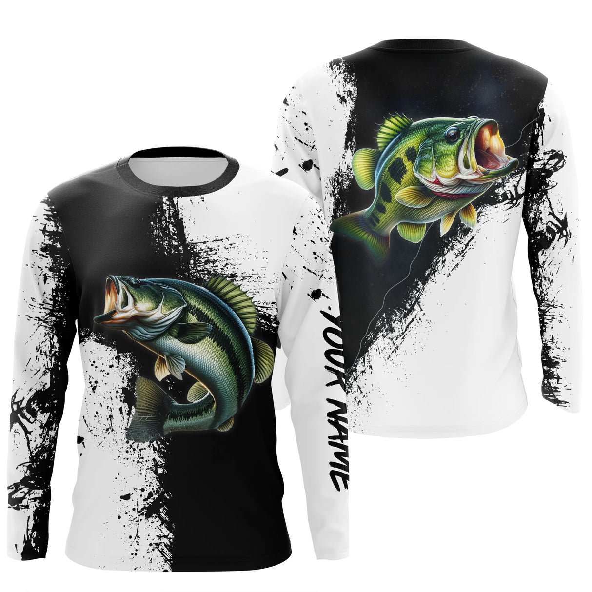 Manches longues pêche bar noir blanc splatter encre bar argenté en miroir