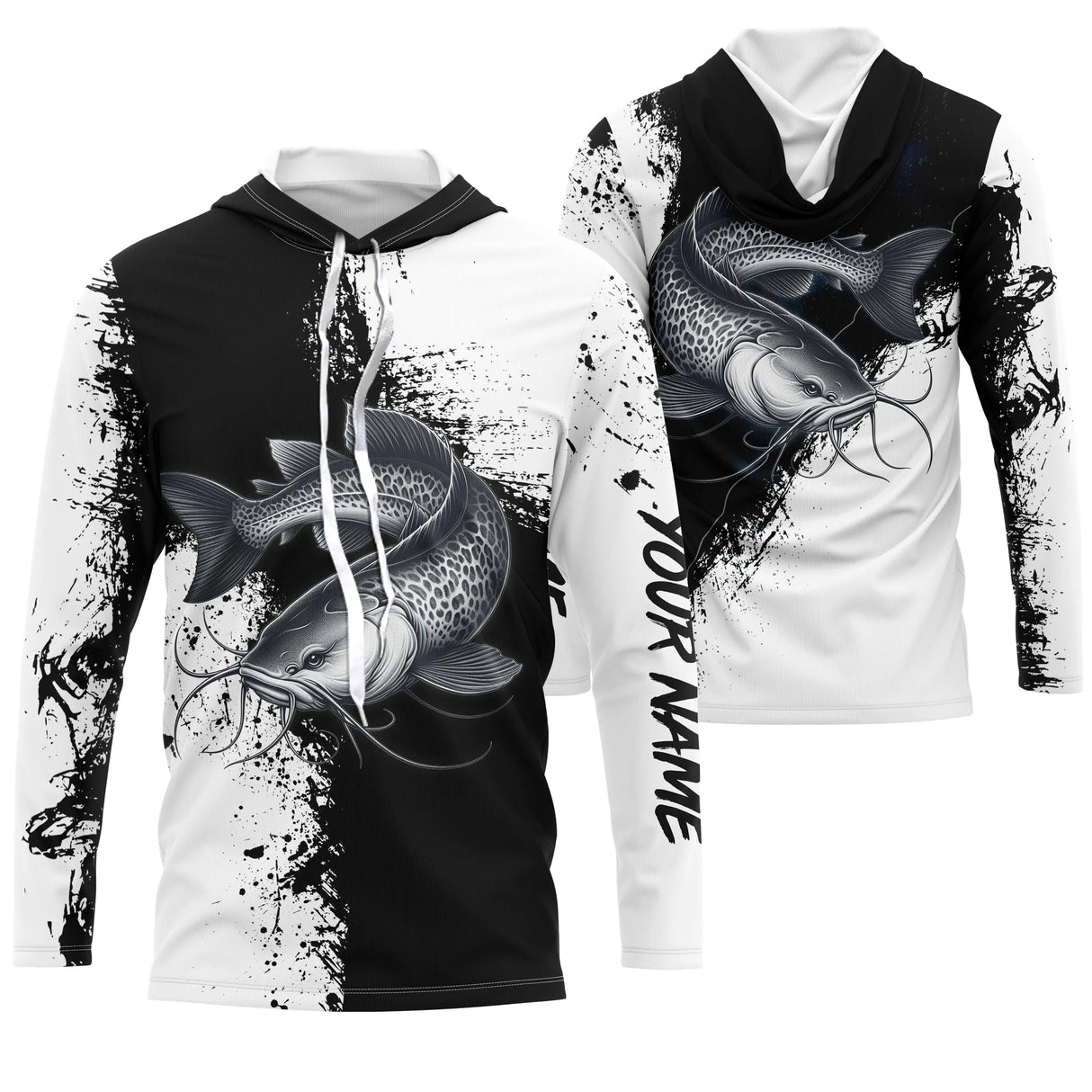 Tee-shirt pêche silure noir et blanc splatter avec silure couleur naturelle ocre et prénom intégré