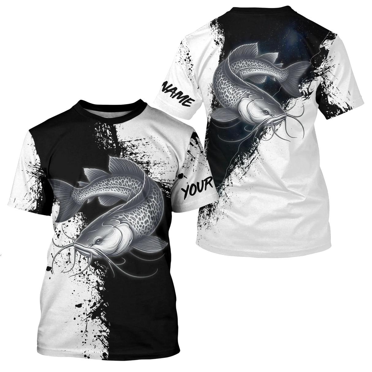 T-shirt col rond pêche silure noir blanc design intemporel deux moitiés contrastées