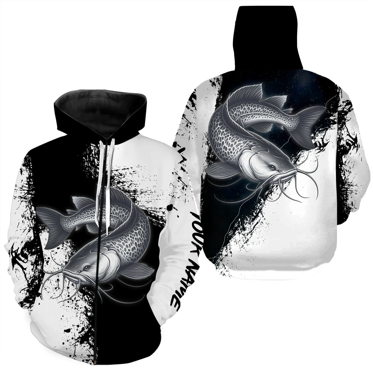 T-shirt Personnalisé Pêche Du Silure Noir et Blanc, Cadeau Original Pêcheur - CT26072214 Sweat Zippé All Over Unisexe