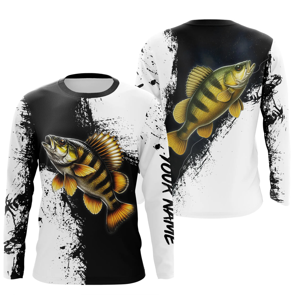 Manches longues pêche perche noir blanc splatter encre perche en miroir bandes noires verticales