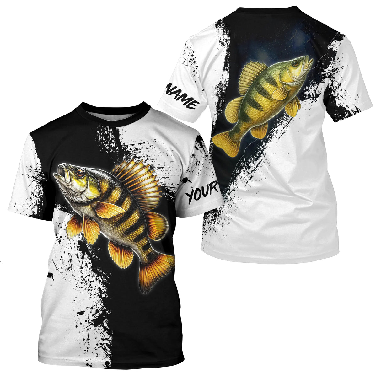 T-shirt col rond pêche perche noir blanc design photogénique pour réseaux sociaux