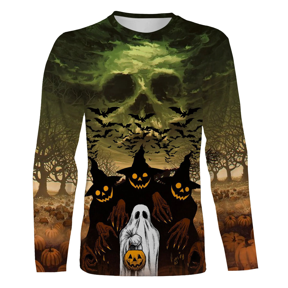T-shirt Halloween fantôme citrouille vert kaki vue de face design mystérieux, coupe unisexe all-over