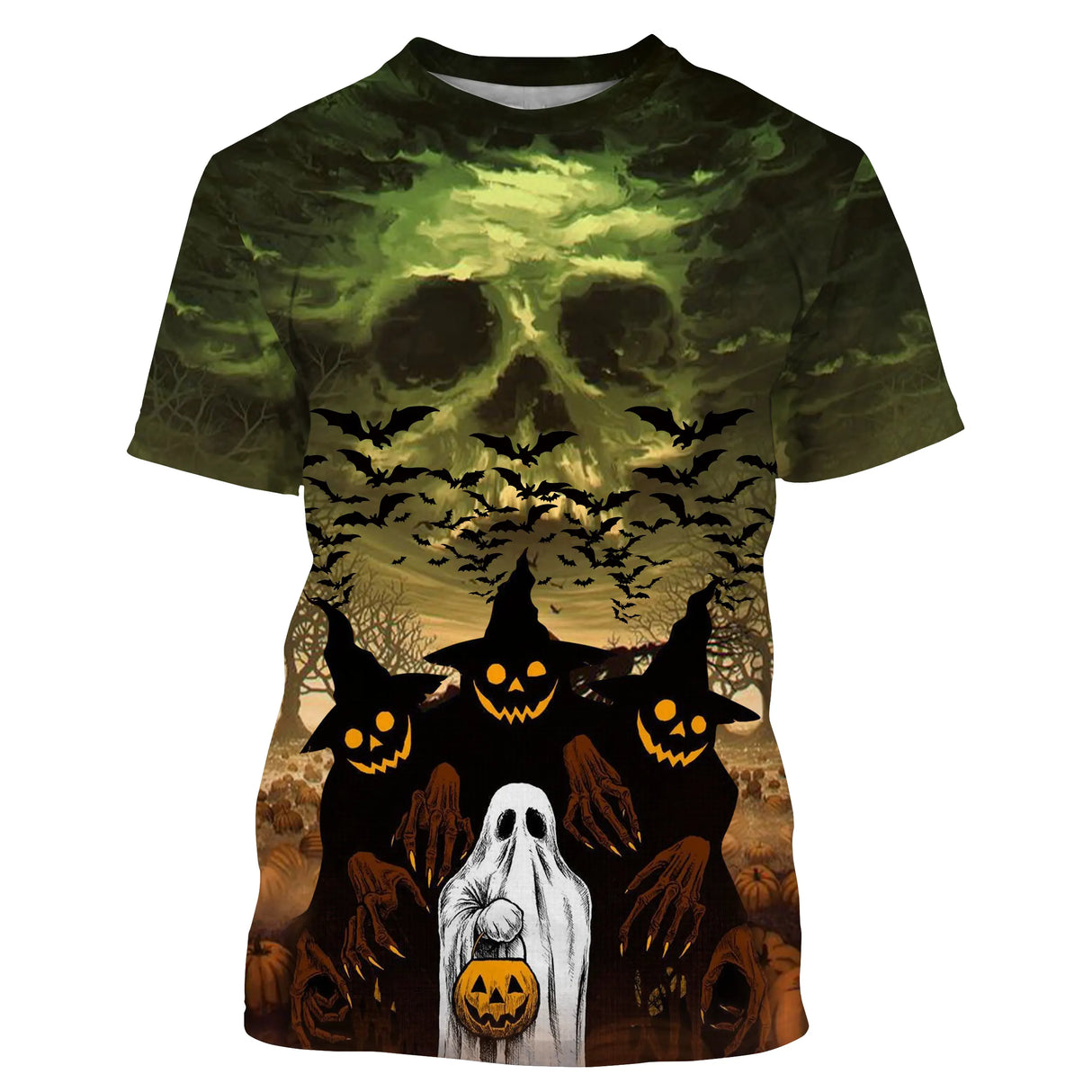 T-shirt Halloween all-over avec petit fantôme blanc tenant citrouille orange devant crâne géant fantôme et nuée de