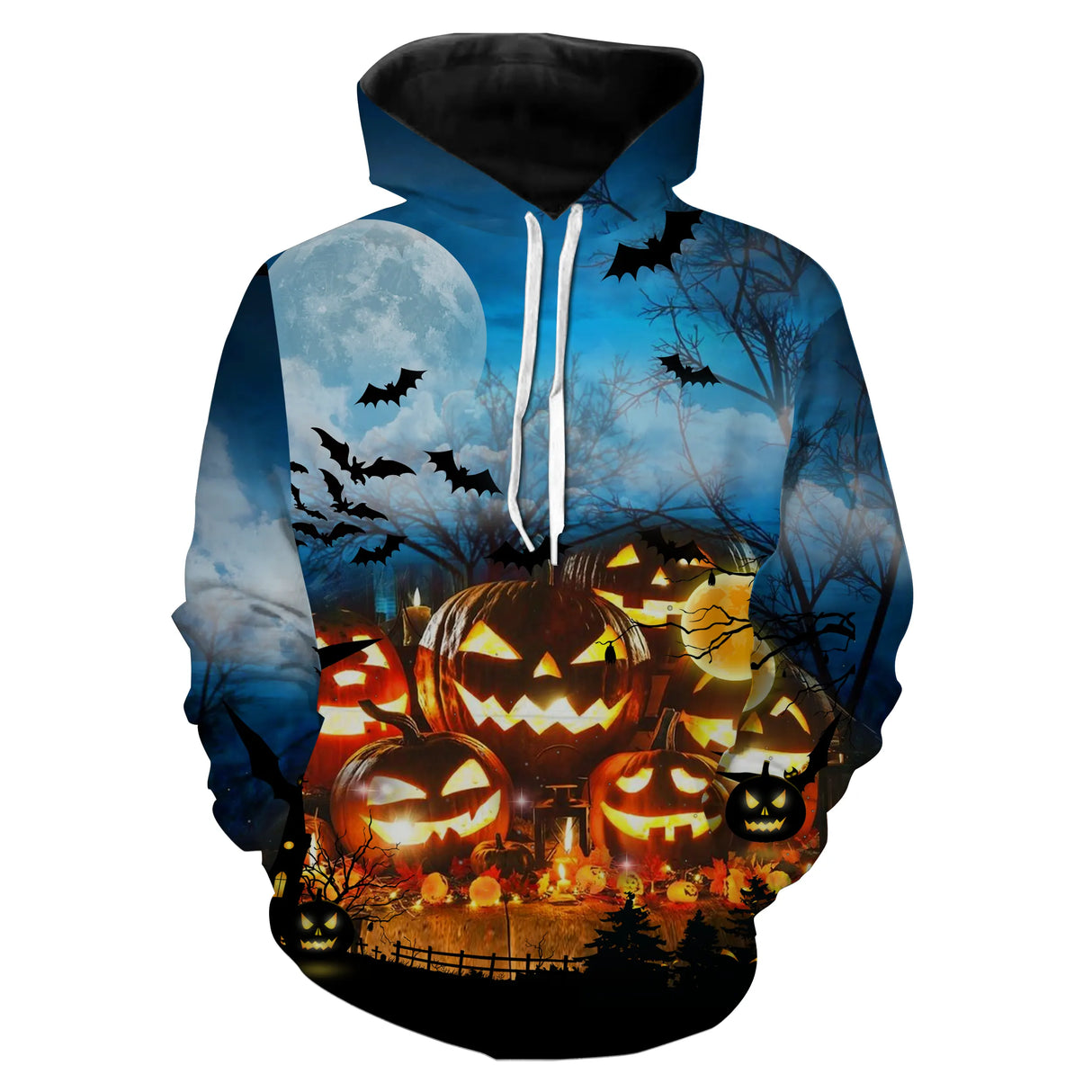 Sweat à capuche all-over Halloween citrouilles lune et chauves-souris, ambiance festive nocturne, vêtement chaud pour soirée