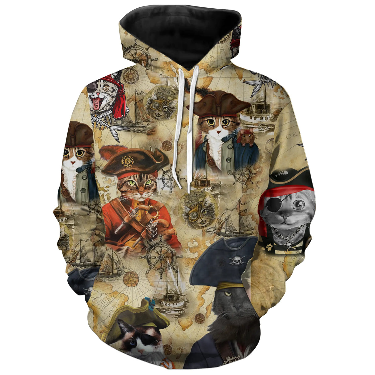 T-shirt chat pirate unisexe coloris vintage, motif chats matelots et tricornes vintage drôle