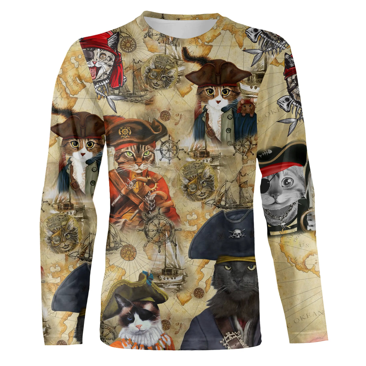 T-shirt chat pirate mignon drôle, illustrations chats corsaires sur fond carte antique brun sable