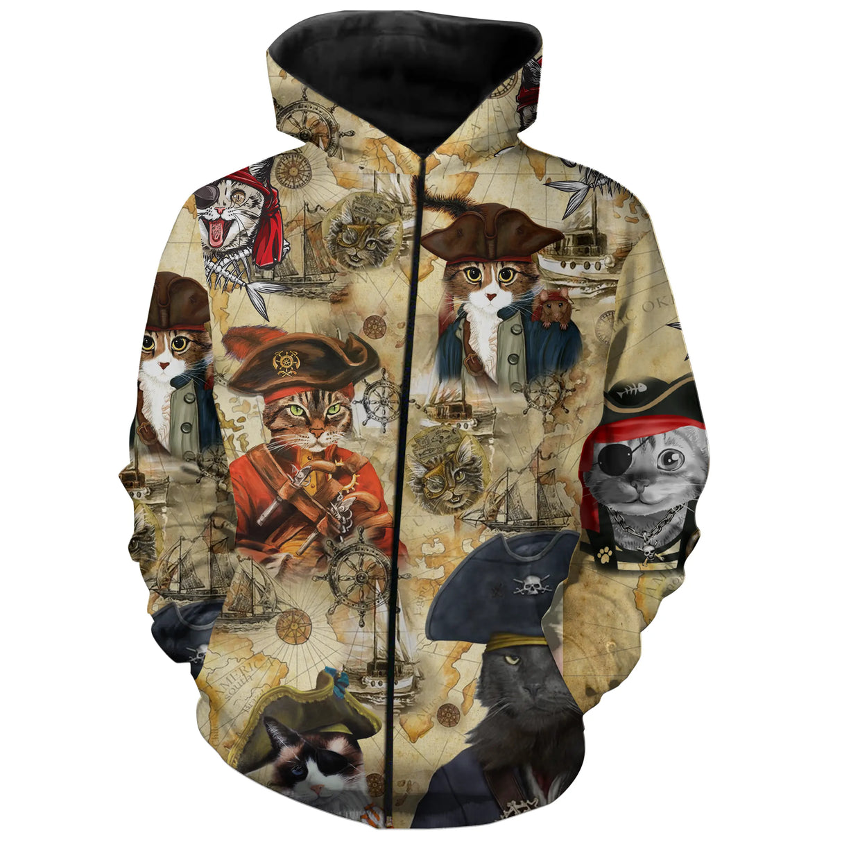 T-shirt chat pirate vue alternative, illustration détaillée de chats capitaines barbus aventuriers