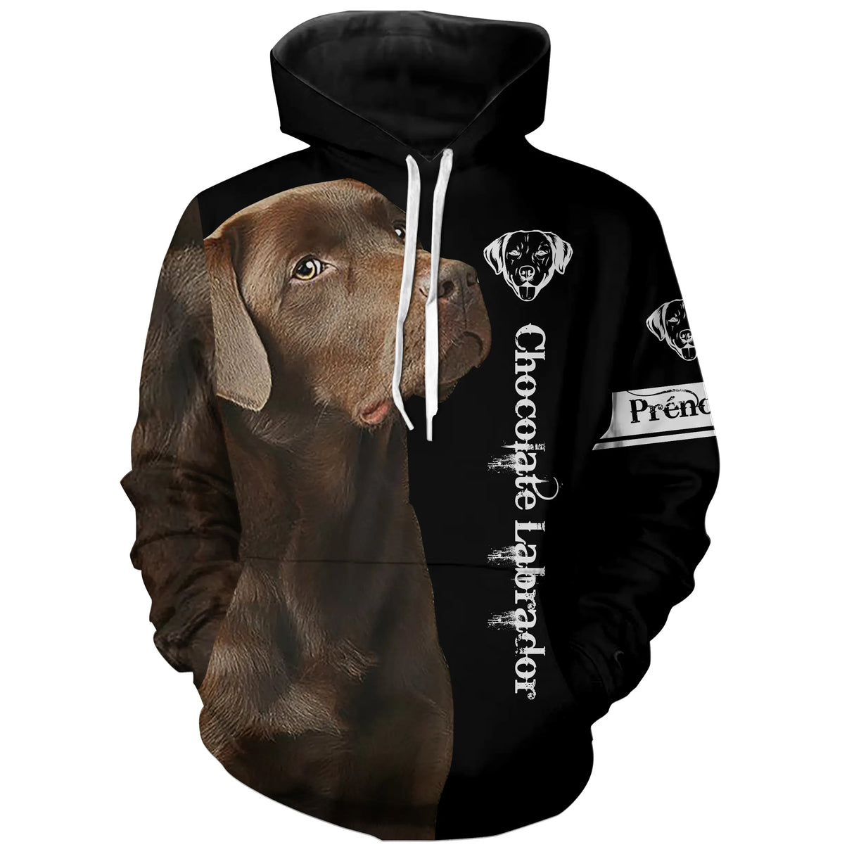 T-shirt chien Labrador chocolat zoom motif central, illustration détaillée Retriever yeux ambrés