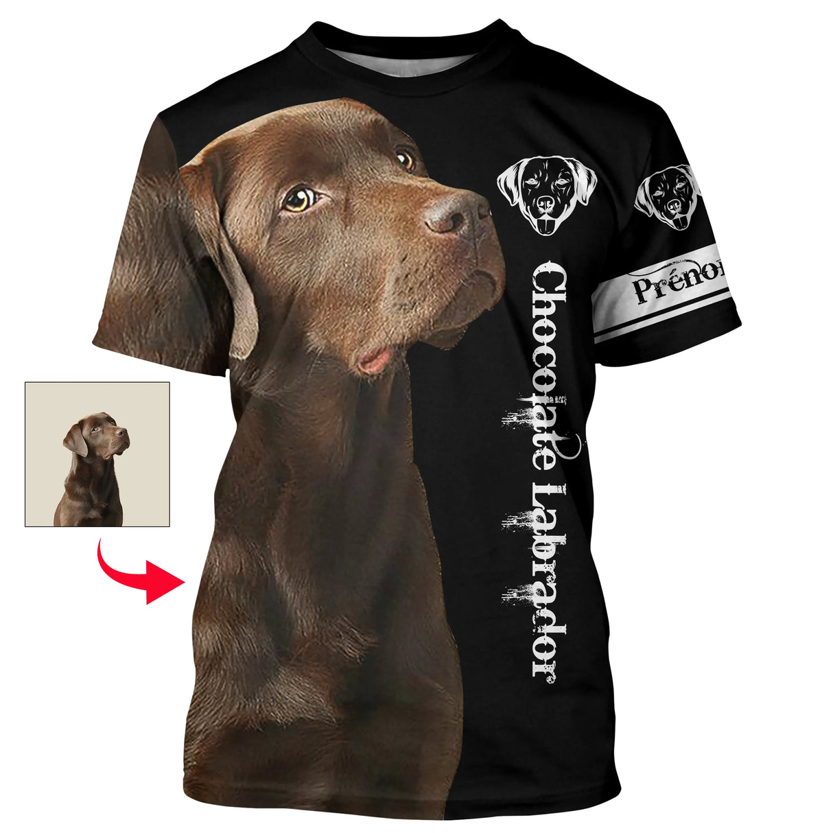 T-shirt chien Chocolate Labrador 3D noir avec portrait photoréaliste de Labrador chocolat, photo et prénom personnalisés