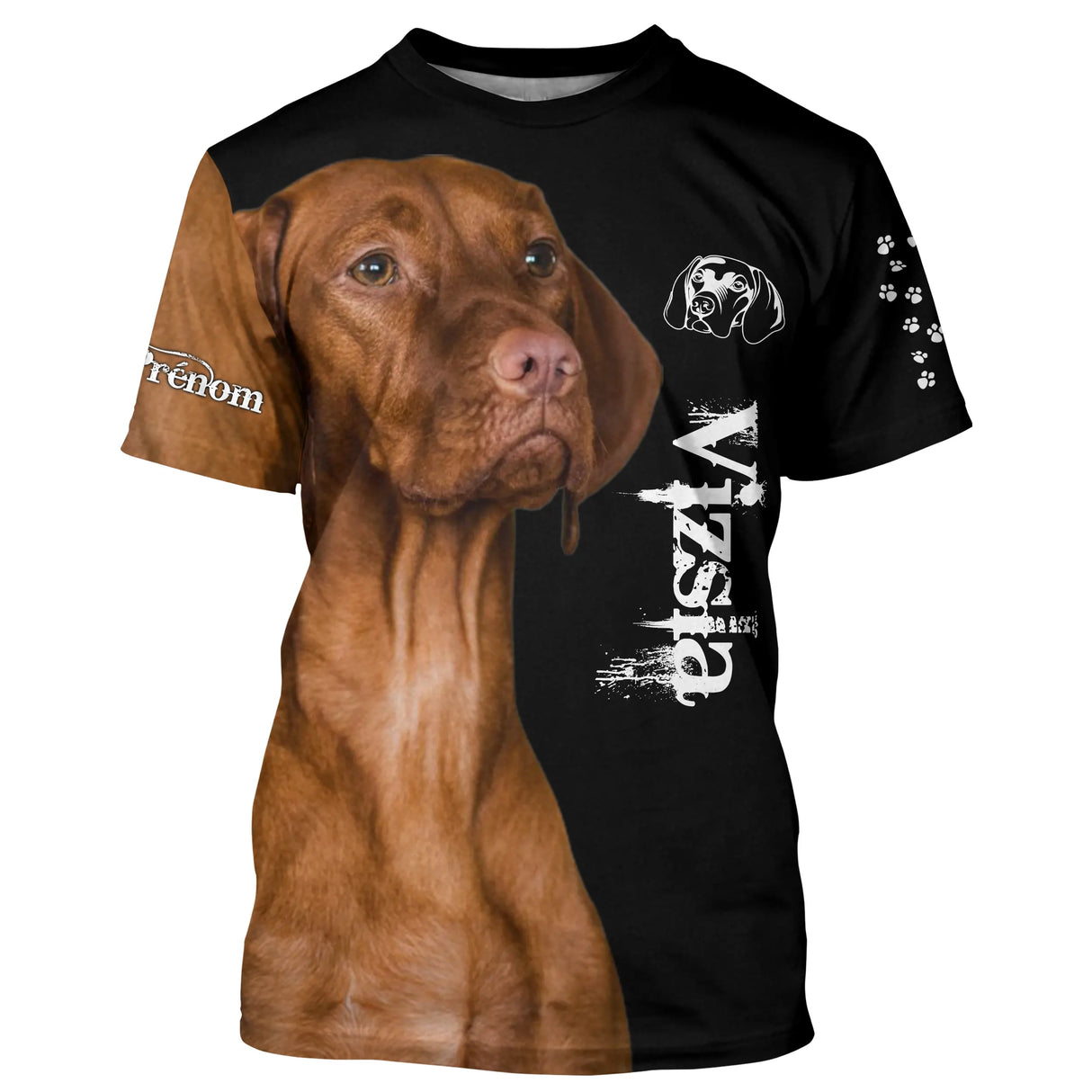 T-shirt chien Vizsla braque hongrois noir 3D avec portrait photoréaliste de Vizsla cuivré, photo et prénom personnalisés