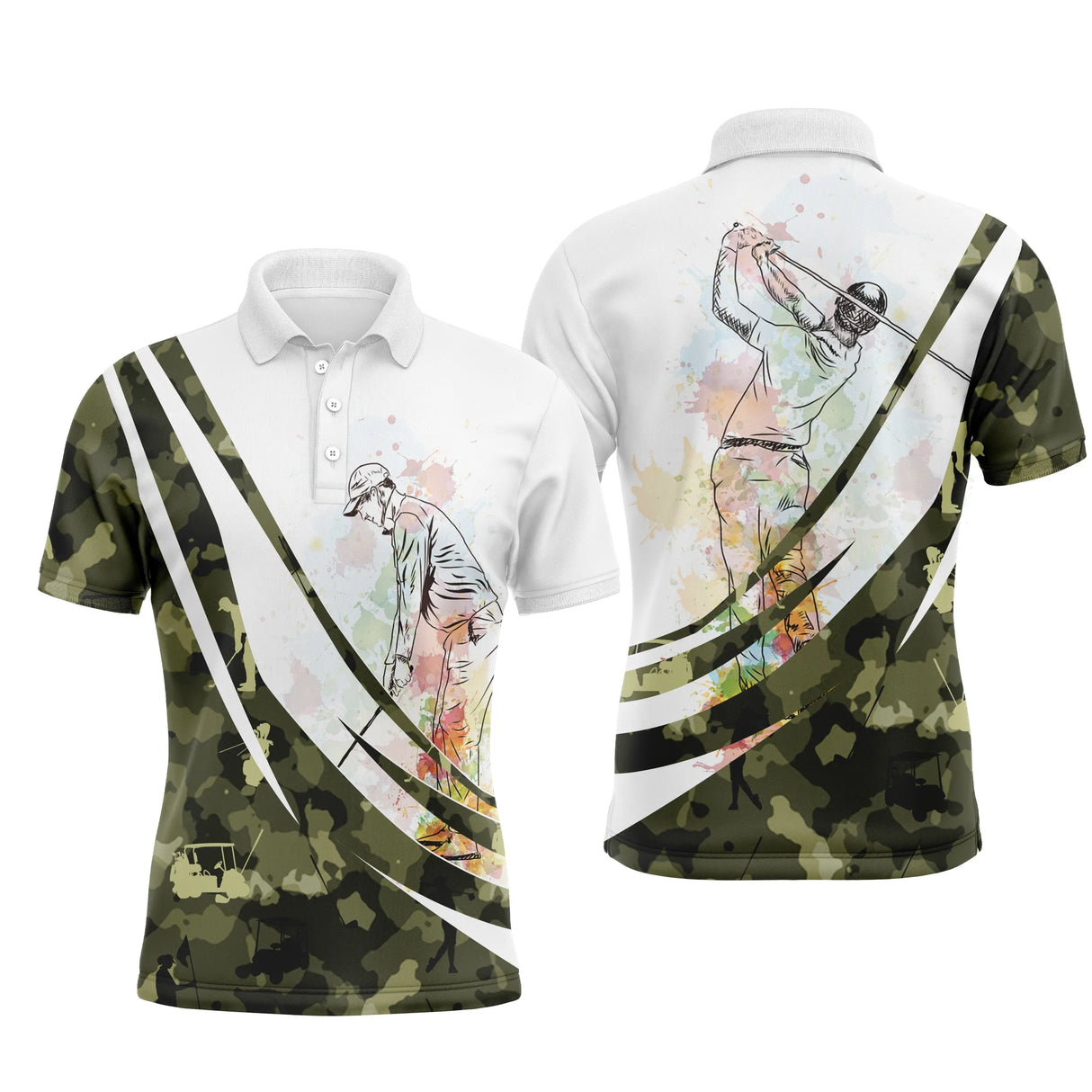 Polo de golf personnalisé homme camouflage vert kaki et blanc avec golfeur en aquarelle multicolore en swing