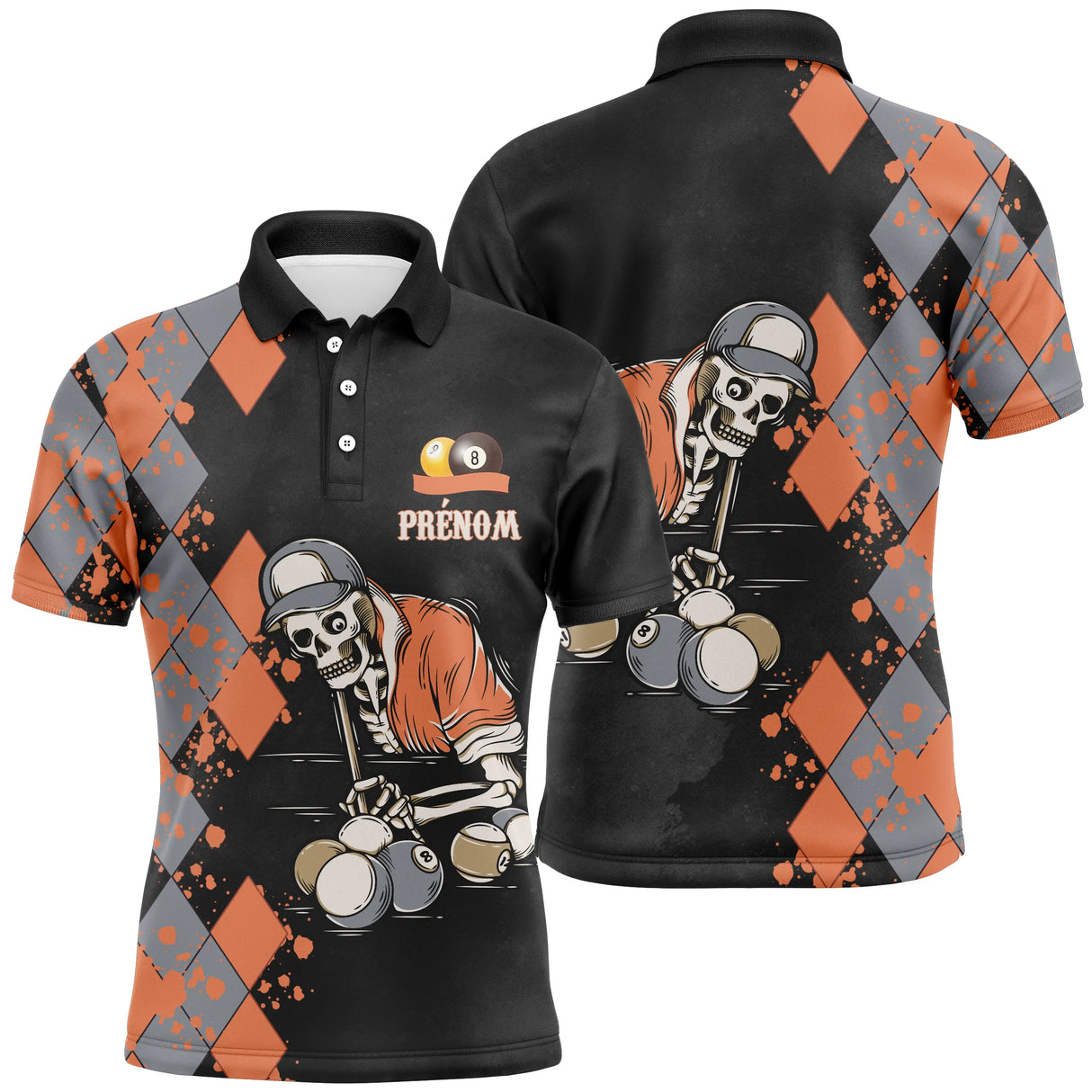Polo billard noir et orange homme avec motif argyle losanges et squelette joueur de billard, prénom personnalisé