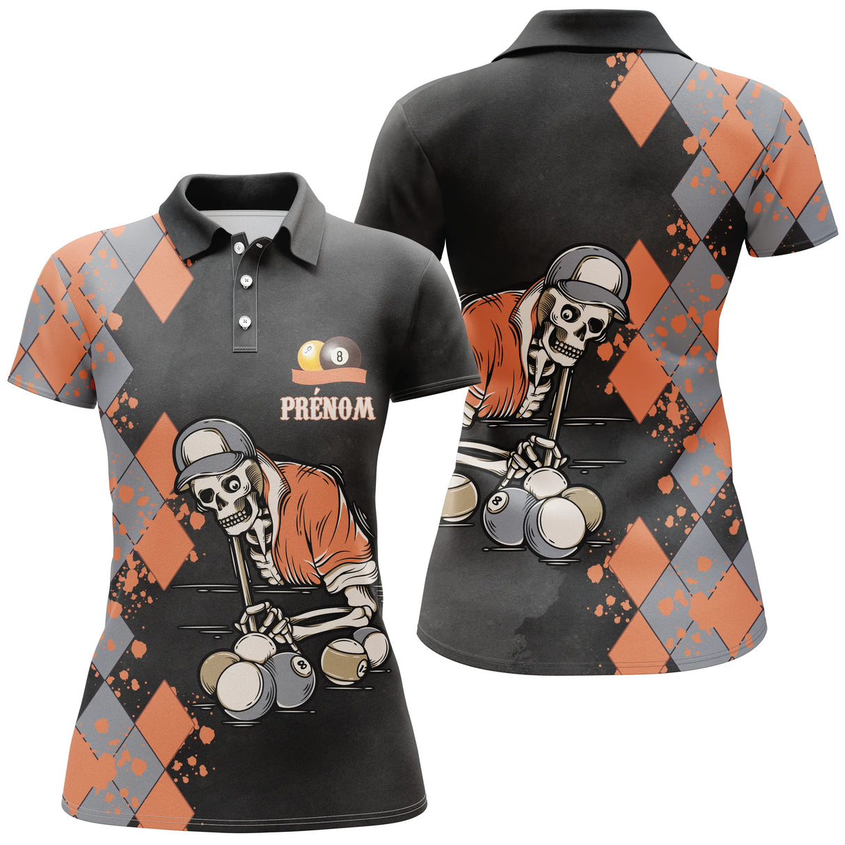 Polo billard noir et orange femme avec motif argyle et squelette tenant queue de billard, prénom personnalisé