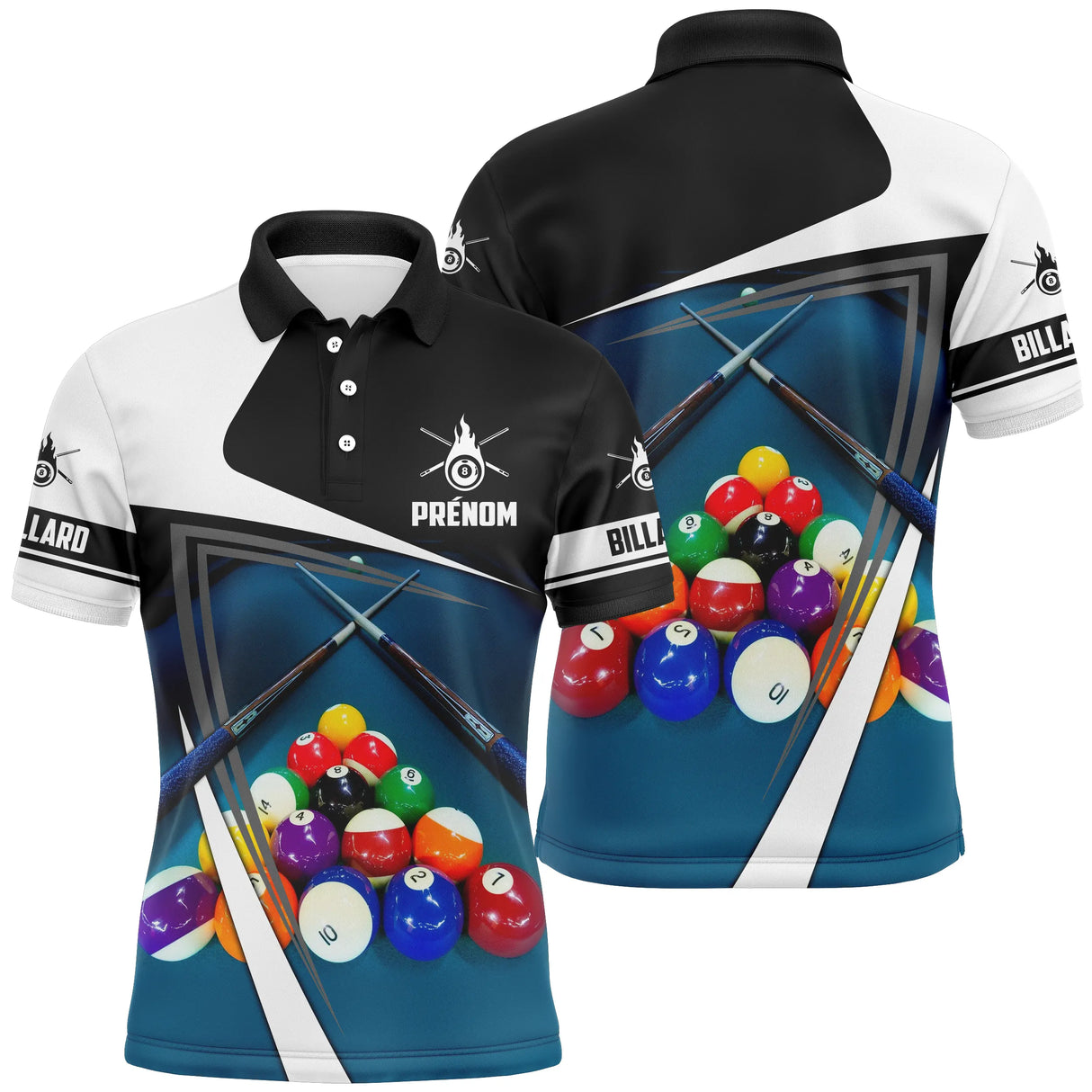 Polo billard bleu turquoise homme avec queues croisées, triangle de boules pour le jeu 14/1 pool, prénom personnalisé