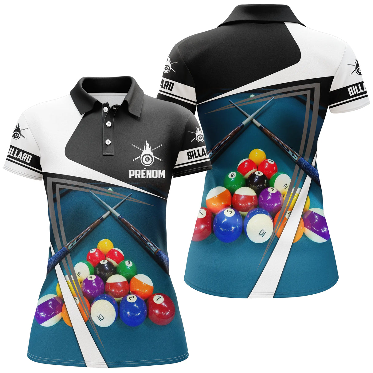 Polo billard bleu turquoise femme avec billes colorées et queues, jeu de la 14/1, prénom personnalisé