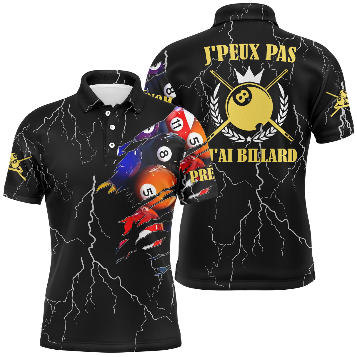 Polo billard noir homme avec slogan J'peux pas j'ai billard, éclairs blancs et boule 8 dorée, prénom personnalisé