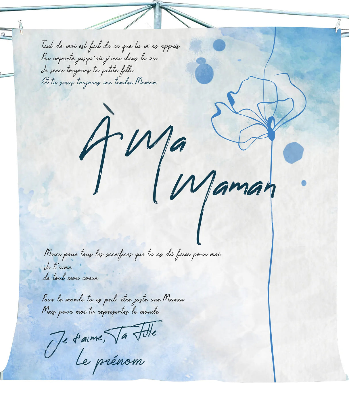 Couverture polaire personnalisée maman fond bleu aquarelle fleur encrée bleu marine texte manuscrit cadeau émouvant