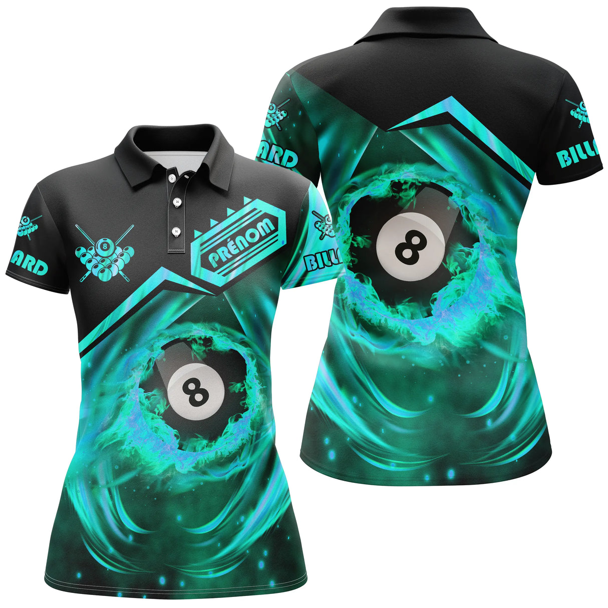 Polo billard manches longues unisexe noir turquoise avec boule en feu cyan, prénom personnalisé