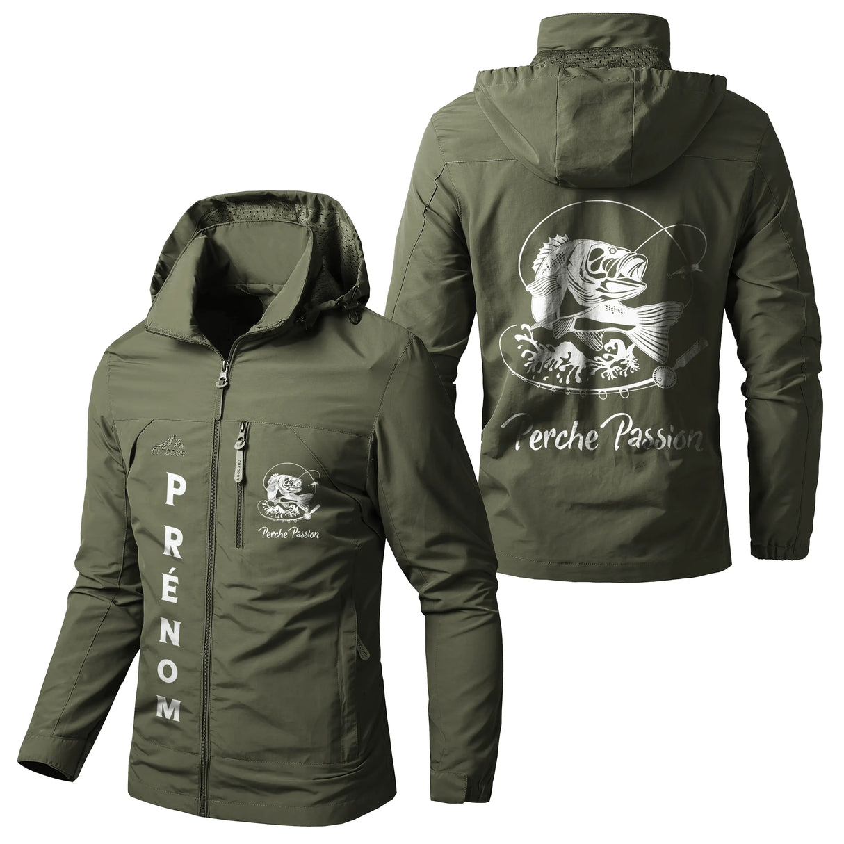 Veste pêche vert kaki à capuche avec illustration perche et écusson Perche Passion, prénom et logo torse personnalisés