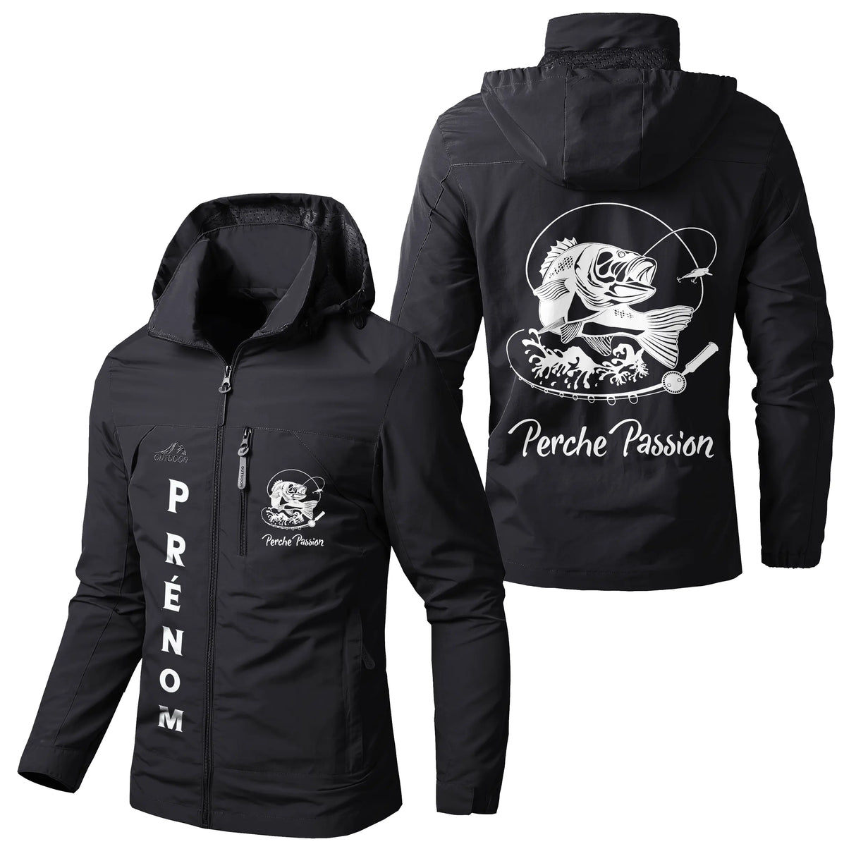 Veste pêche noire à capuche avec motif perche passion, prénom personnalisé