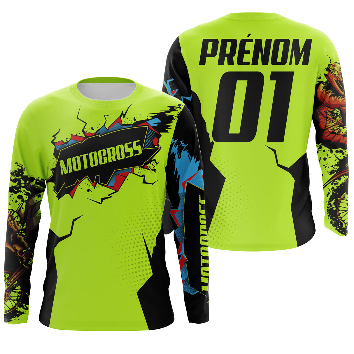 Anti-UV manches longues maillot motocross vert fluo bleu, design dirt bike éclats personnalisé